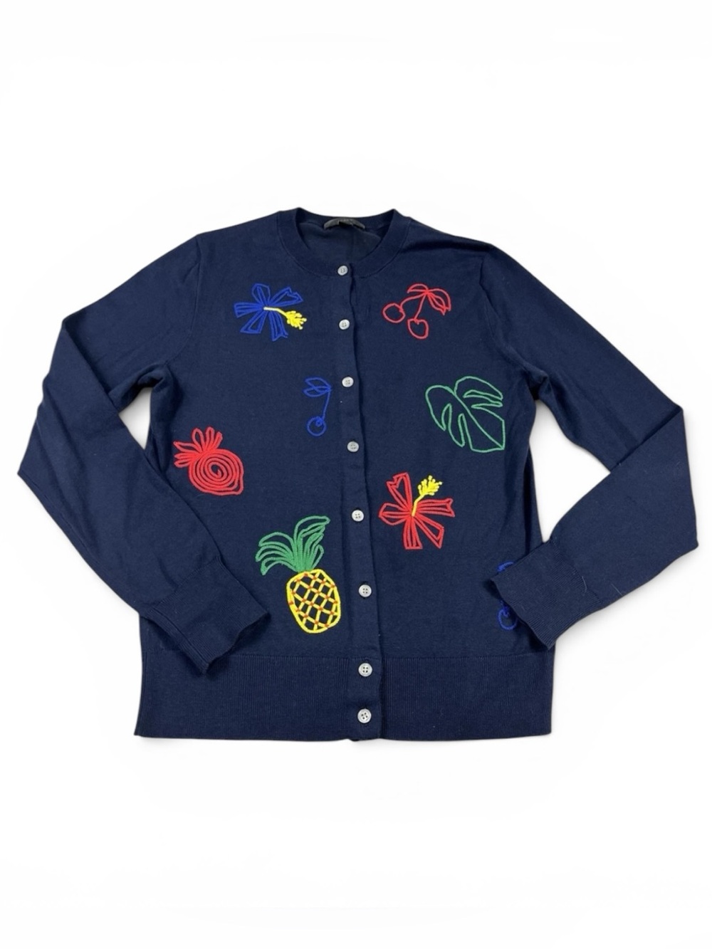 J.Crew Jackie Cardigan Blue Embroidered Fruit Button Tropical Sweater Preppy S